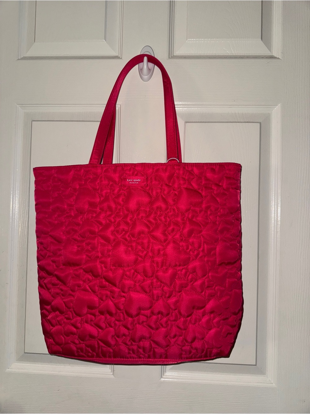 Kate Spade Fragrance Red Heart Tote Shoulder Handbag Quilted Canvas Lightweight